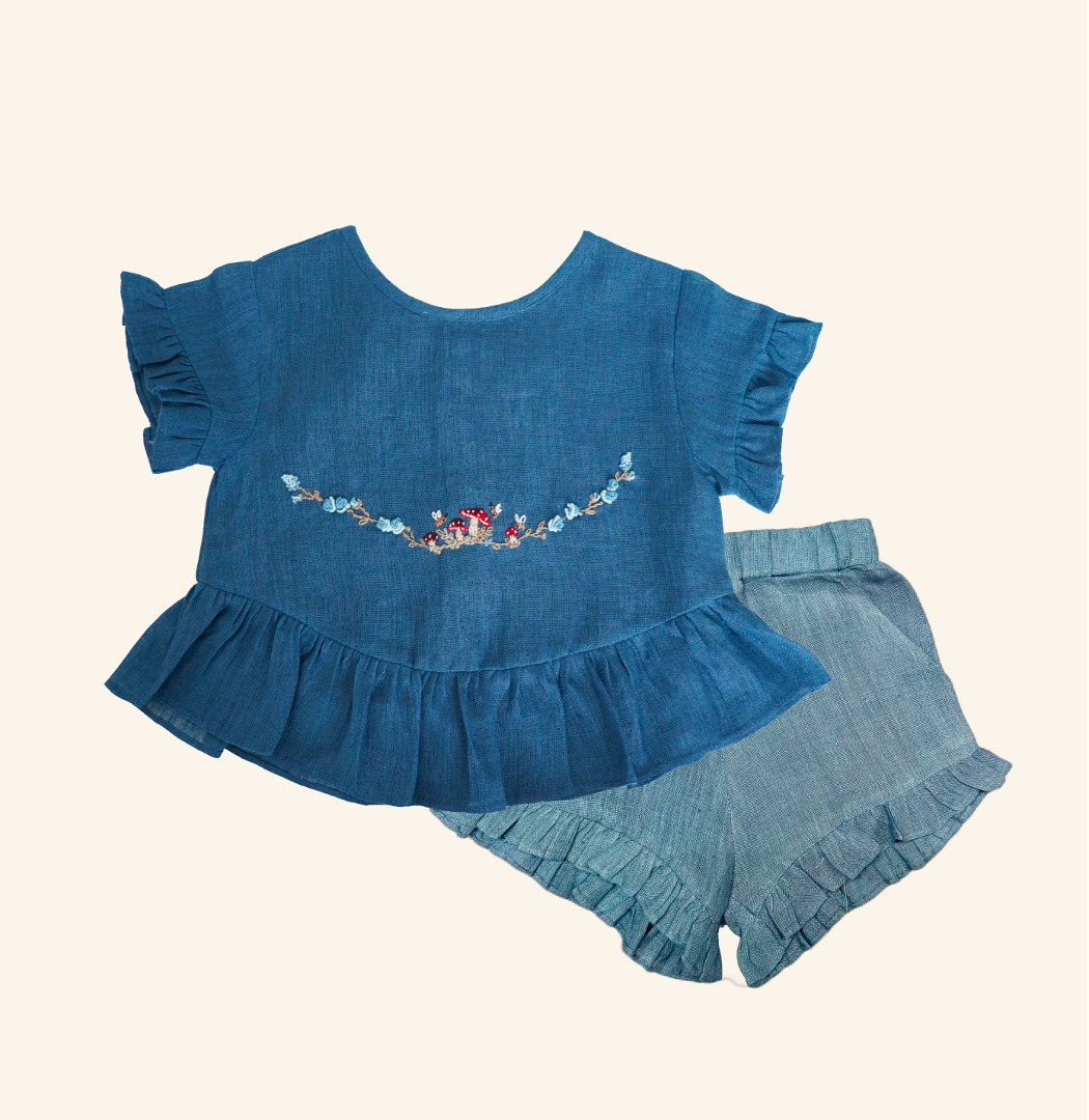 Mushroom Blue Embroidered Linen Top and Shorts Set