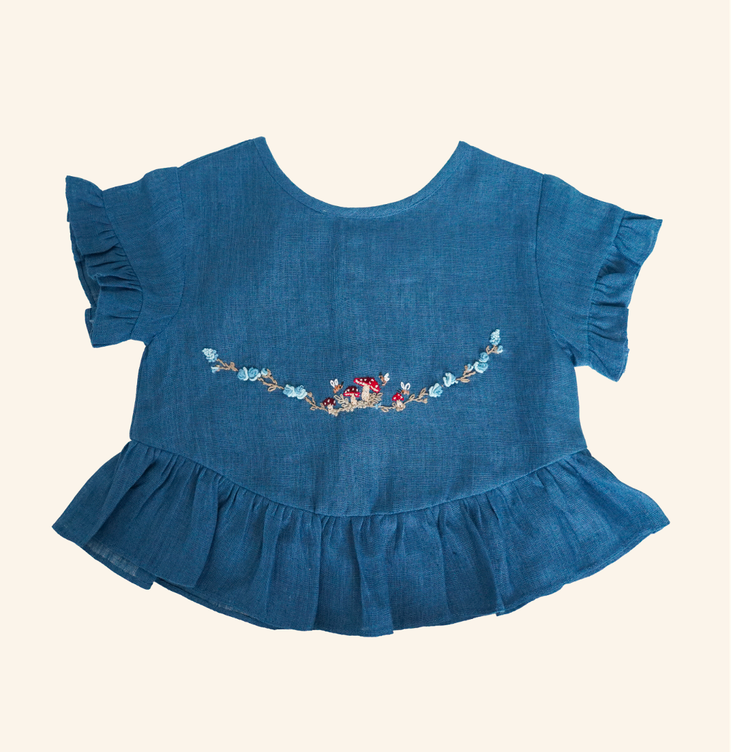 Mushroom Blue Embroidered Linen Top and Shorts Set