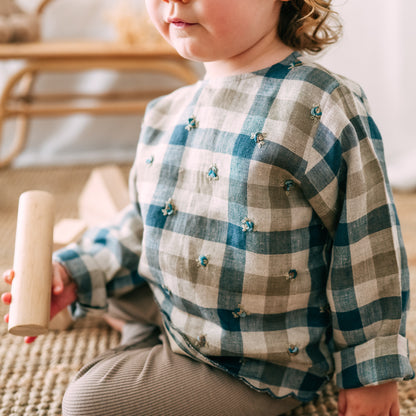 Blue Checkered hand-embroidered linen top